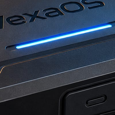 Close-up of the thin blue status light under the VexaOs nameplate.