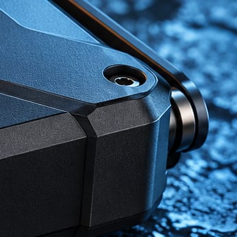 Close-up of a fold-flat side antenna and its pivot.
