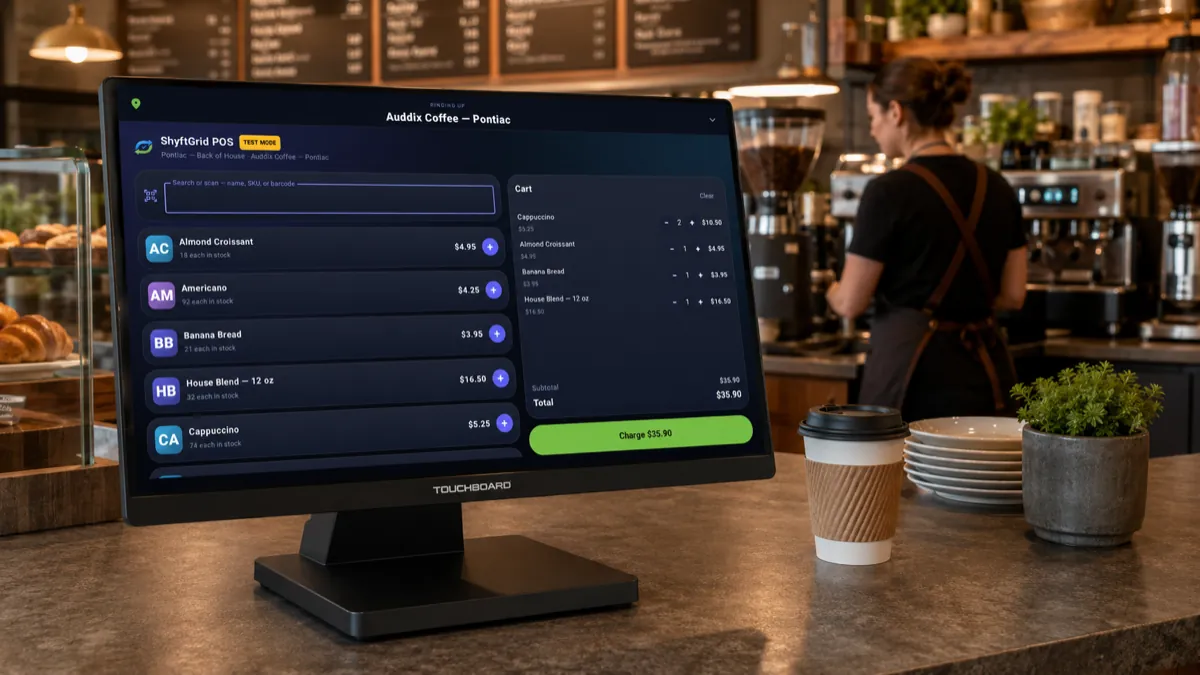 A TouchBoard on a coffee-shop counter running the ShyftGrid POS register: a searchable product list with stock counts, a cart totalling $35.90, and a green Charge button. A barista works at the espresso machine behind it.